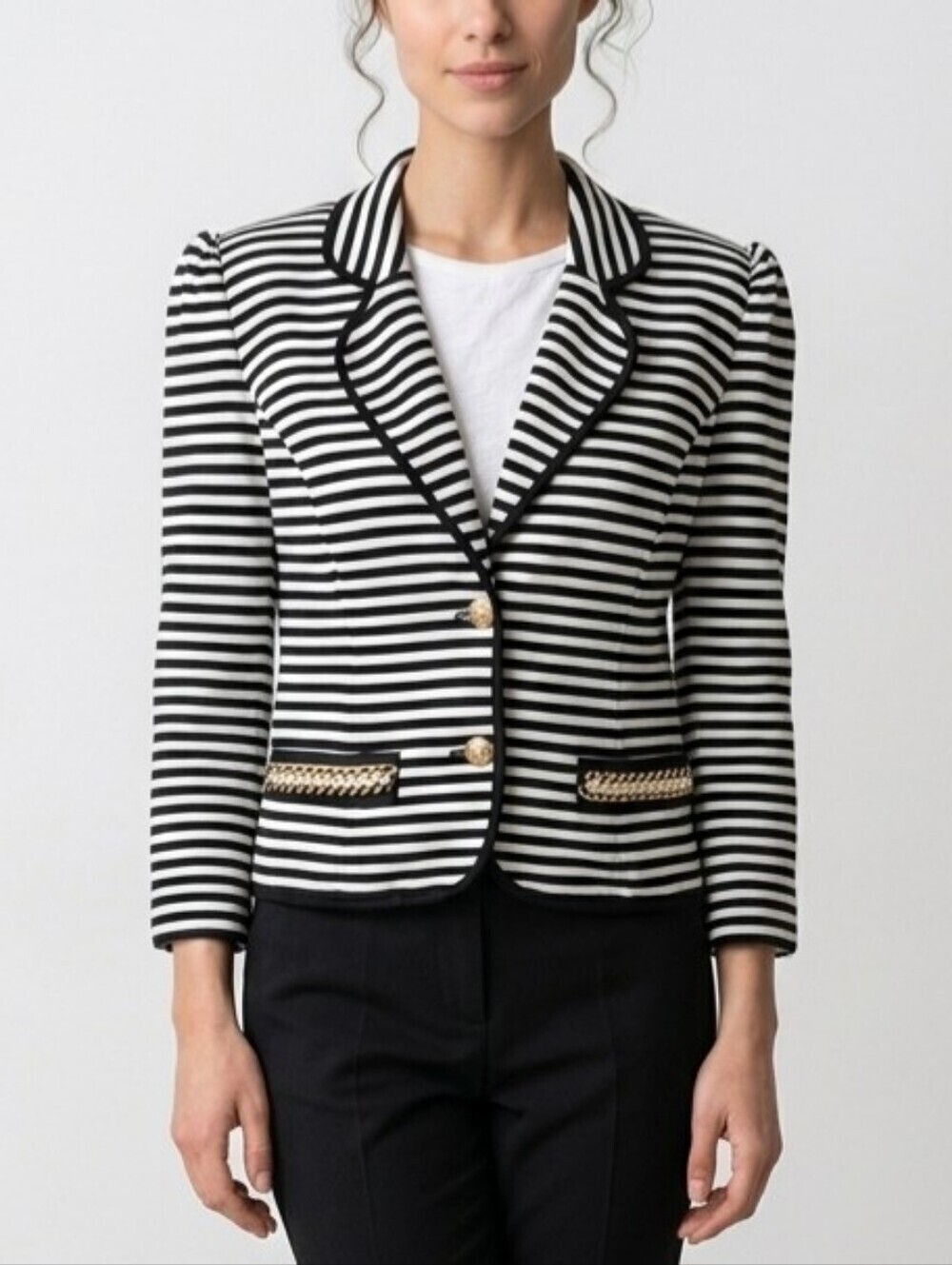 NISSA european Black & White Striped Women's Blazer with Gold Chain Detail